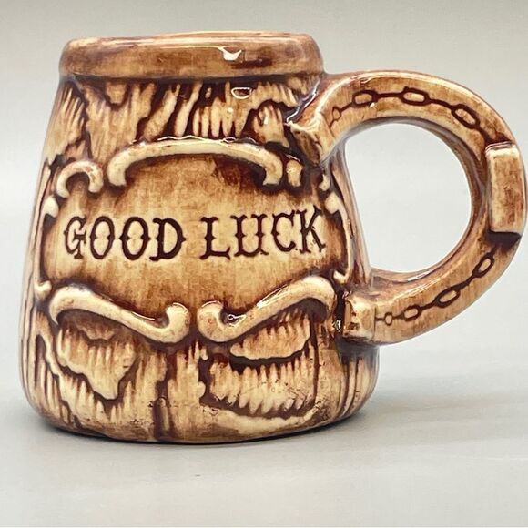 Vintage Brown Good Luck Ceramic Mug Horseshoe 1970s Florida Hand painted - Picture 2 of 15